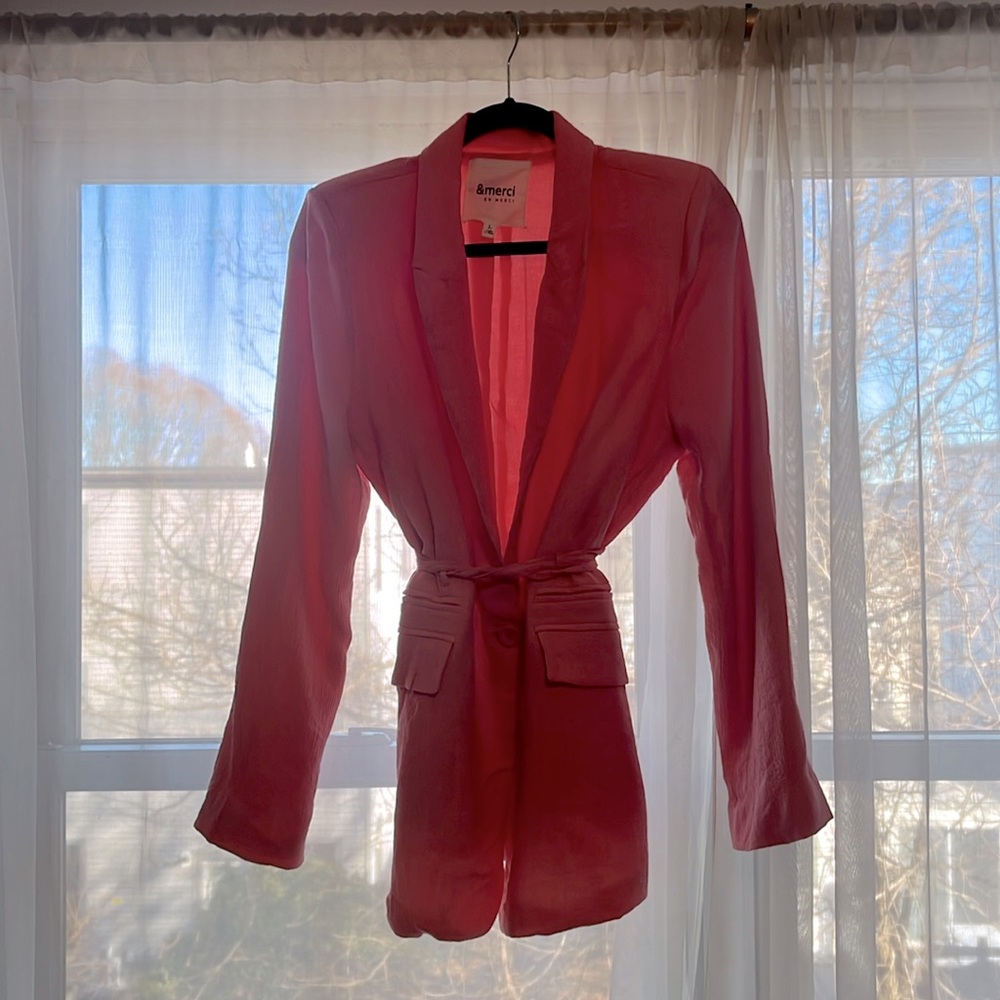 Pink Gauzy Linen blazer, cinch waist tie